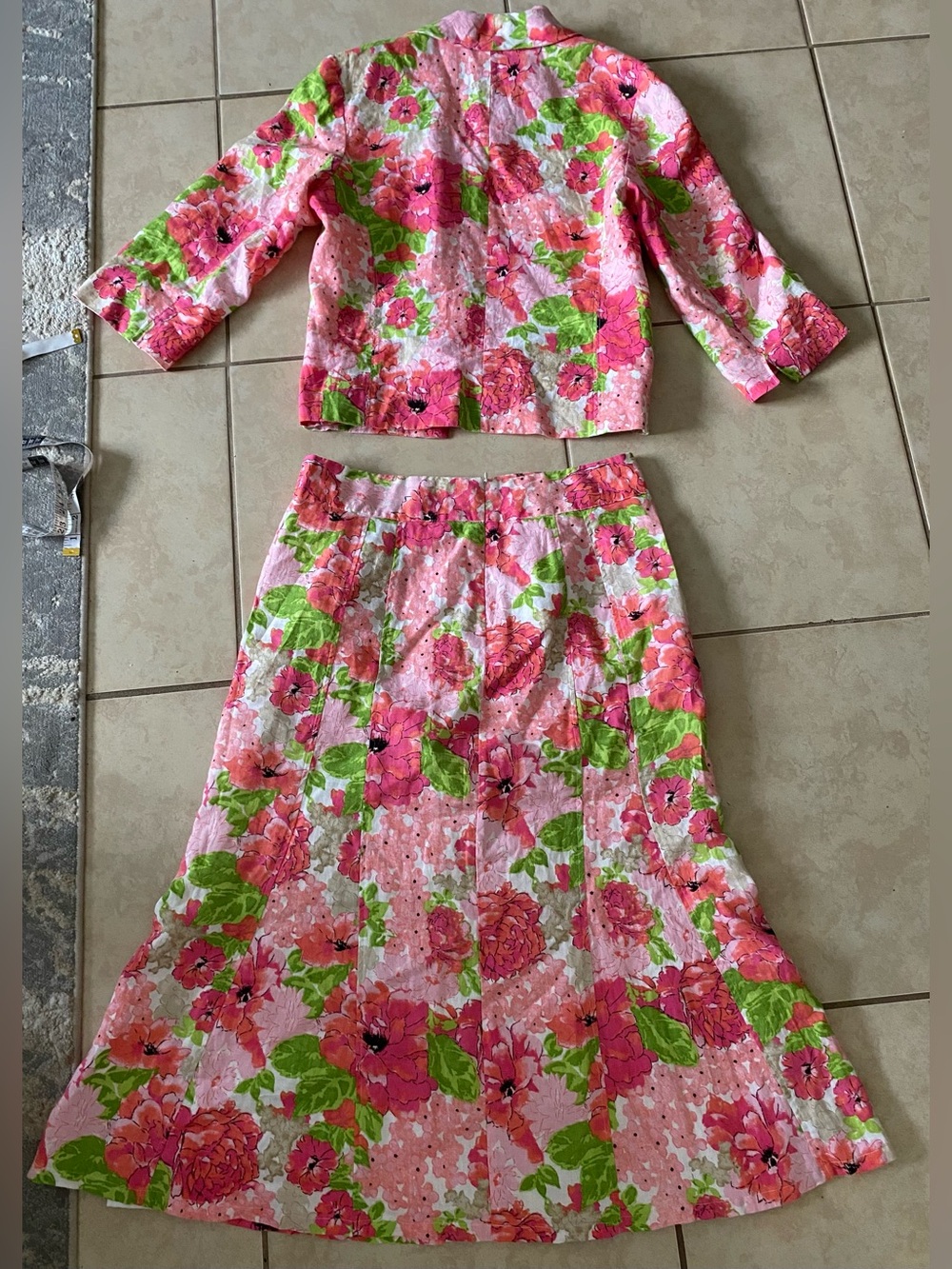 Vintage Kim Rogers Linen two-piece skirt suit set pink green floral size Large - Picture 5 of 8